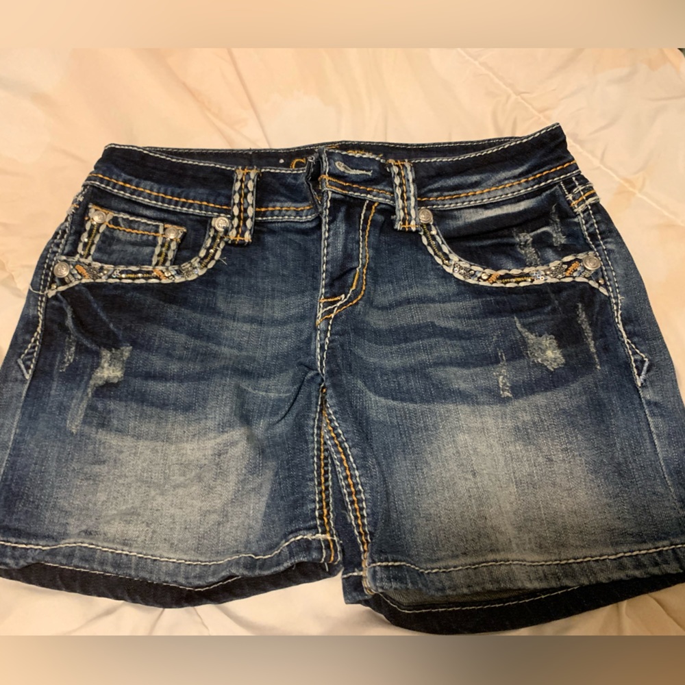 Dark Wash Denim Women’s Shorts with Embellished Trim